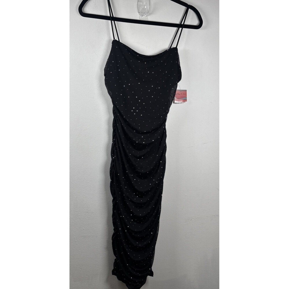 Haley & June Black Rhinestone Ruched Bodycon Midi Dress M Party Cocktail Glam